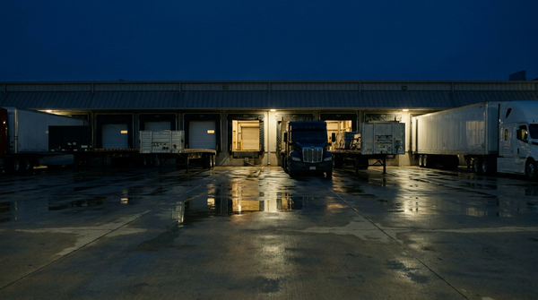 Dock Depot USA loading dock facility at dusk